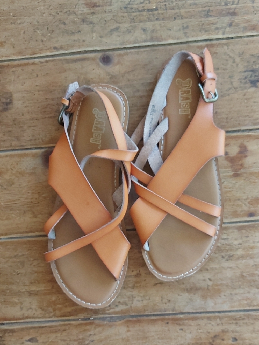 Brash Peach-Orange Cross-Strap Leather Sandals